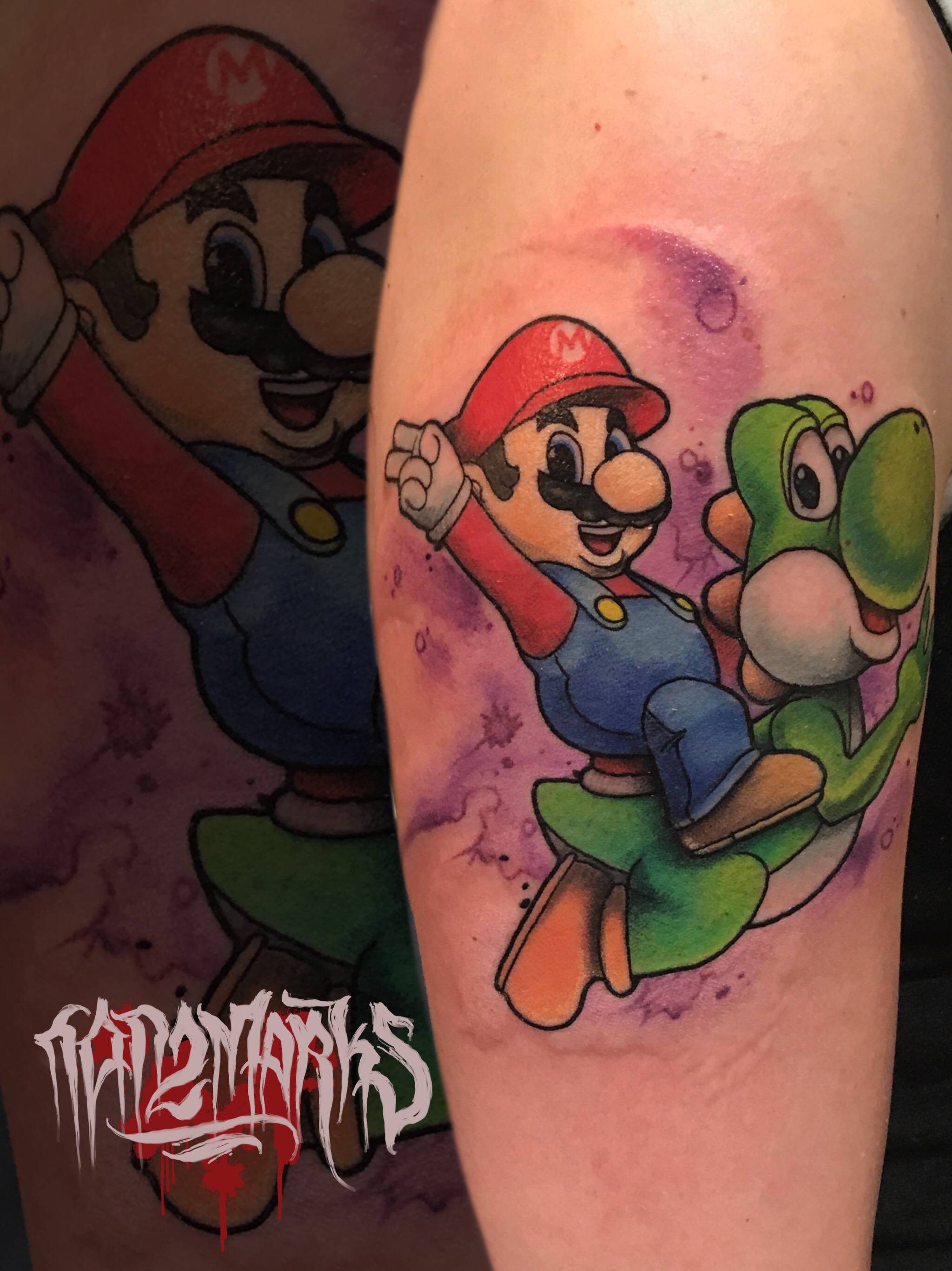 Color, Watercolor, Nintendo tattoo by Mark Fernandez